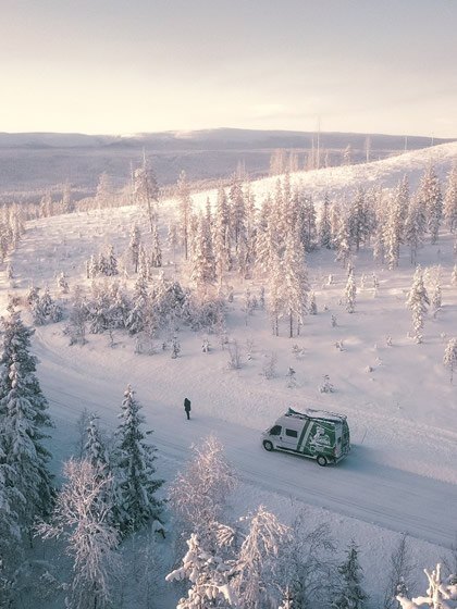 Campervan landscaped with snow