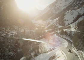 A minibus on a mountain road