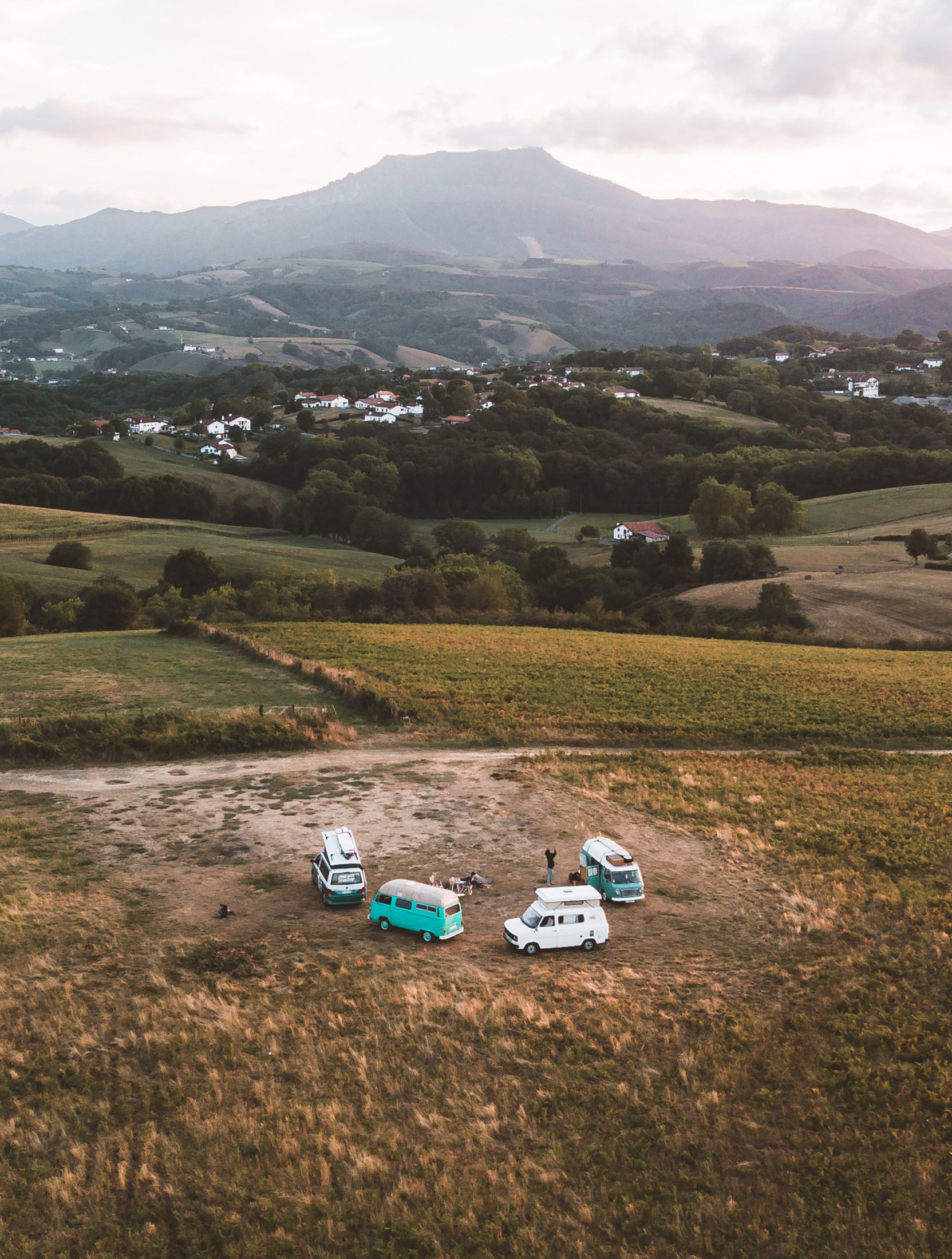 Vans aménagés au milieu des champs